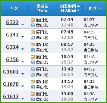 厦门到黄山高铁时刻表